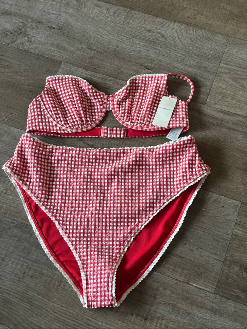 Abercrombie Red Waffle-Texture Swim Bikini Set - High-Waist Bottom